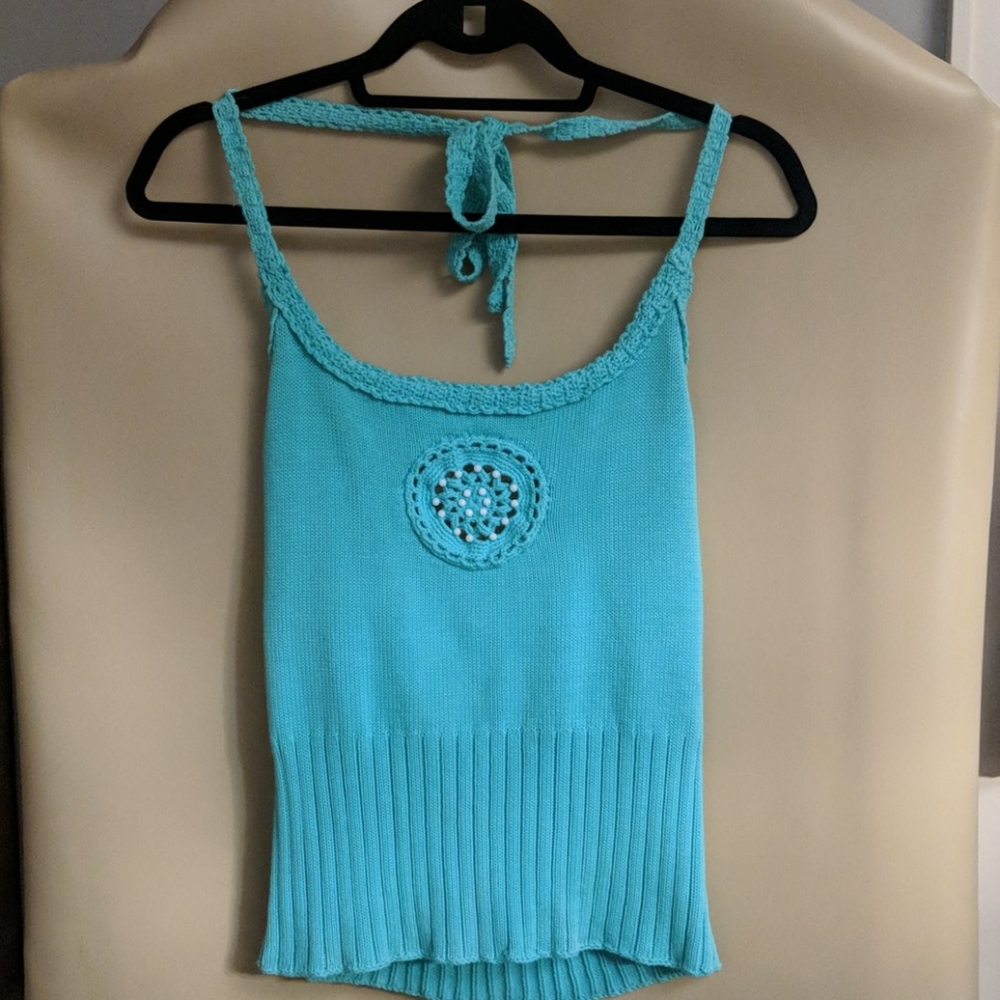 Milly green knit and crocheted halter top.